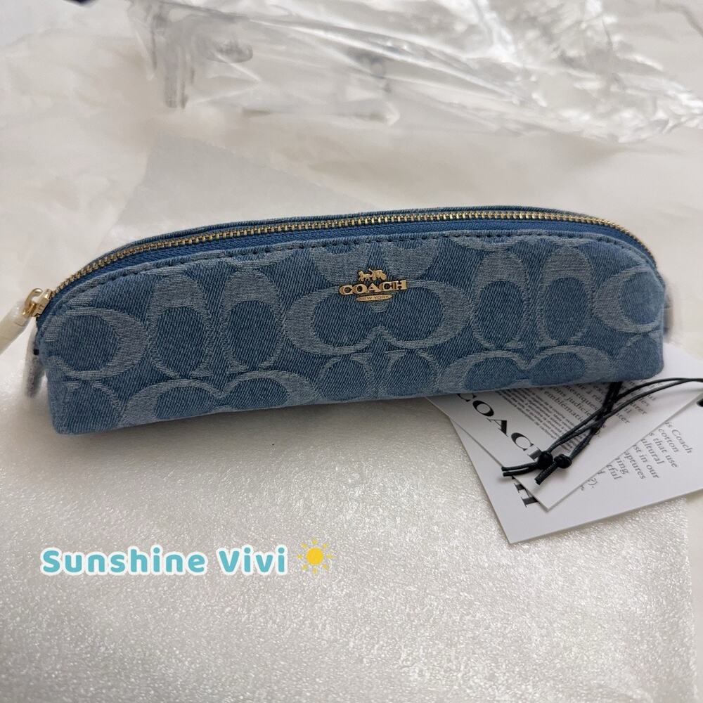 NWT Coach Pencil Case In Signature Denim CDC10 Gold/Indigo